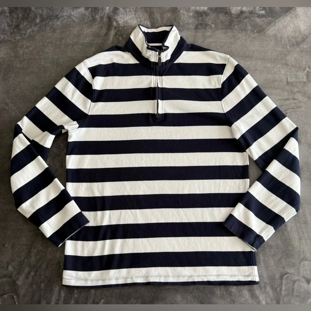 J. CREW 1/4 Zip Pullover Mock Sweater Mens Small Navy White Rugby Stripes Cotton